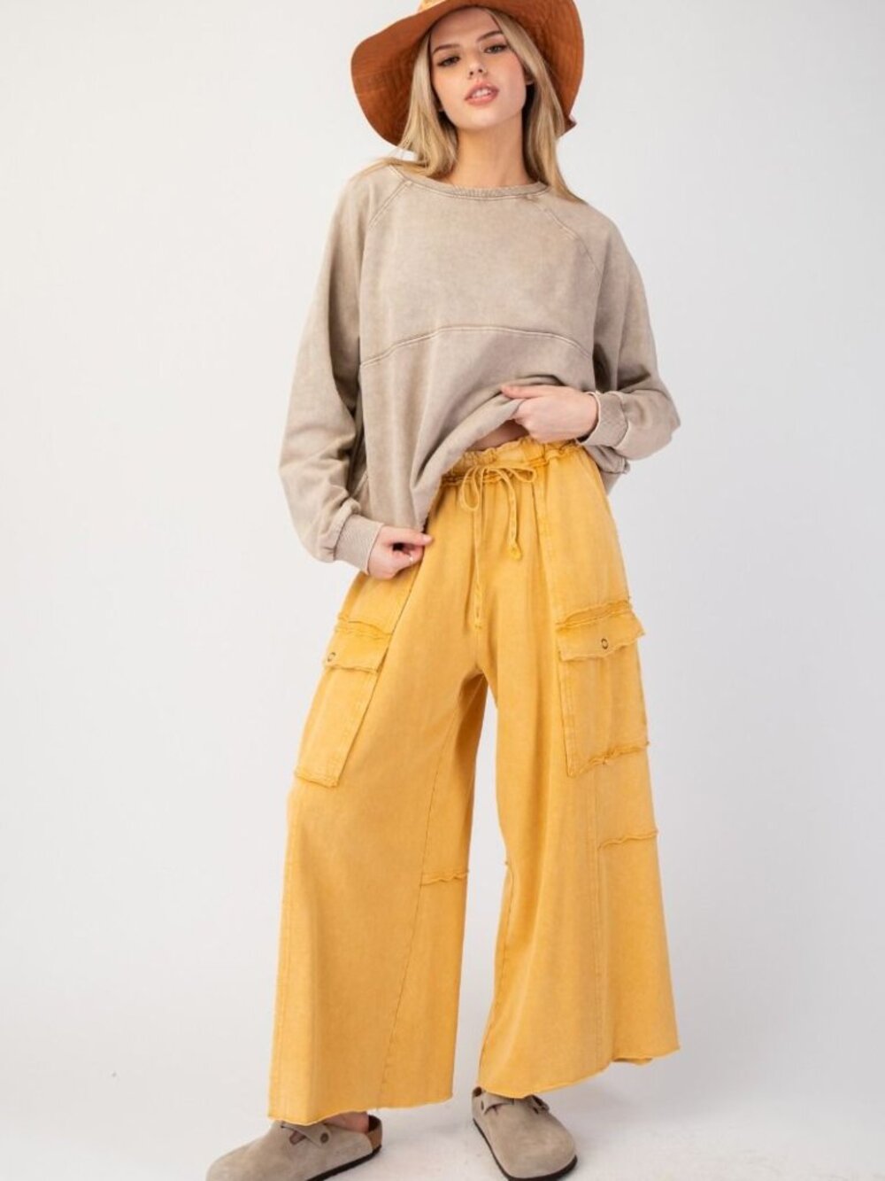 WASHED WIDE LEGS TERRY CARGO PANTS